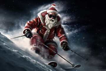 Fototapeta na wymiar sport santa holiday christmas mountain winter snowboarder snow skier ski. Generative AI.
