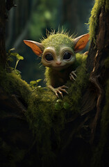 Goblin scary creature is hiding in spooky forest realistic photo character generative AI illustration. Creatures myth legend in the woods concept