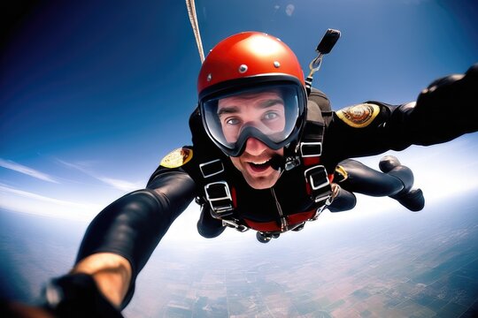 person in helmet and goggles sky diving