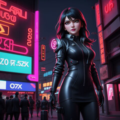 Fototapeta na wymiar Cyberpunk girl character wearing leather jacket with neon sign background