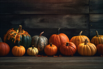 season halloween fall pumpkin wood autumn leaf background orange wooden november. Generative AI.