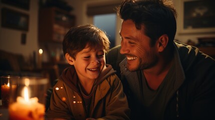 Happy moment of a father and son together at home.