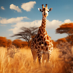 Giraffe in the savannah. Generative AI.