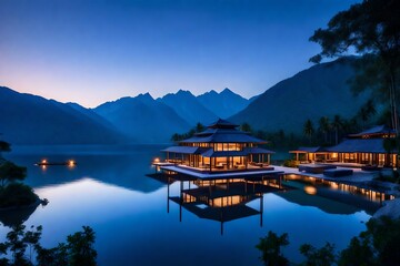 tropical resort, A picturesque resort floats like a jewel at the heart of a serene lake, embraced by the tranquil waters that reflect its elegance