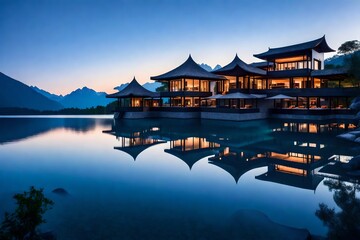Obraz premium tropical resort, A picturesque resort floats like a jewel at the heart of a serene lake, embraced by the tranquil waters that reflect its elegance