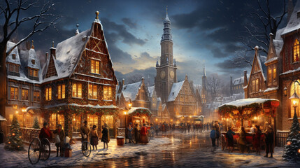 Naklejka premium Christmas Market: A bustling Christmas market with stalls, gingerbread houses, and people enjoying holiday treats and shopping for gifts 