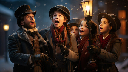 Fototapeta na wymiar Christmas Carolers: A group of carolers singing by a lamppost on a snowy evening, capturing the spirit of holiday music and community 