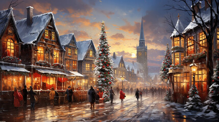 Christmas Market: A bustling Christmas market with stalls, gingerbread houses, and people enjoying holiday treats and shopping for gifts 