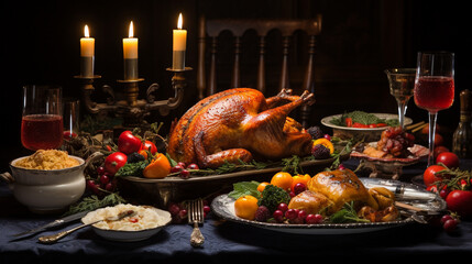Holiday Feast: A beautifully set dining table with a delicious Christmas feast, complete with a turkey, roasted vegetables, and festive desserts 