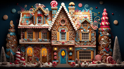 Gingerbread House: An intricate and whimsical gingerbread house adorned with candy, icing, and colorful decorations, a true holiday masterpiece 
