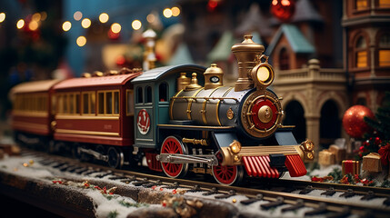 Toys and Trains: A captivating shot of old-fashioned toys and a miniature train set, evoking the nostalgia of Christmases past  - obrazy, fototapety, plakaty