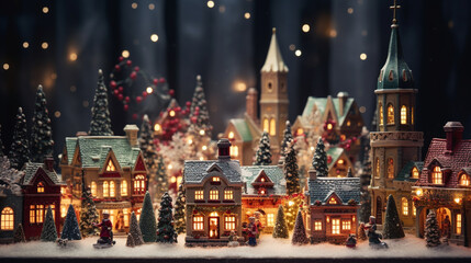 Fototapeta premium Christmas Village: A miniature Christmas village with charming houses, twinkling lights, and miniature figures, creating a festive and enchanting scene 