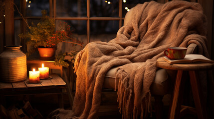 Fototapeta na wymiar Winter Cozy Corner: A cozy corner with a comfy chair, a warm blanket, and a cup of hot cocoa, inviting relaxation and holiday enjoyment 