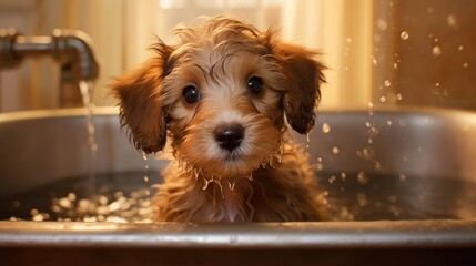 A cute pet puppy with wet hair is taking a bath. - obrazy, fototapety, plakaty