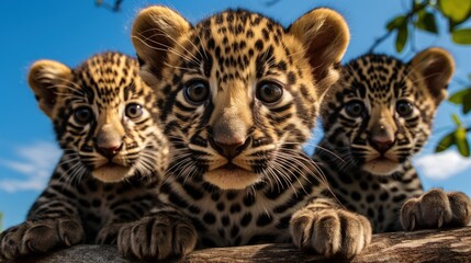 Fototapeta premium Three jaguar cubs and their crew