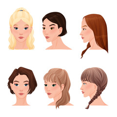 Set of hairstyles in three different angles.  Different view front, profile, three-quarter of a girl face.