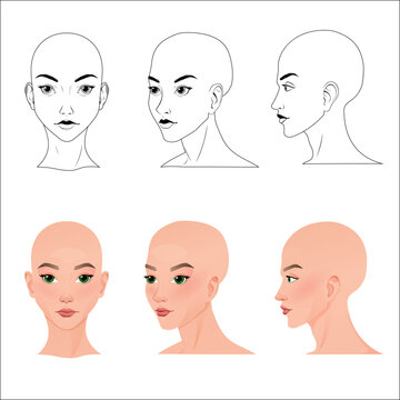 Set of three different angles.  Different view front, profile, three-quarter of a girl face.