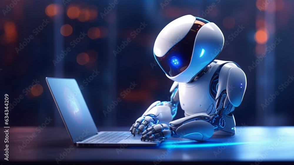 Aufkleber articifial intelligence robot using computer with blurred city skyline on the background, chatbot an