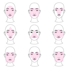Set of different types woman face. Oval, square, round, triangle shapes. Various shapes. Beautiful women. For makeup, glasses and fashion style. Vector line sketch front portrait