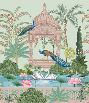 Mughal garden, peacock, swan, arch, temple, bird and lake with lotus vector illustration for wallpaper