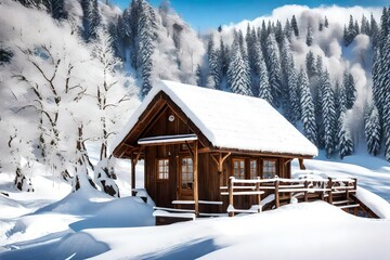 house in the mountains, A solitary journey along a snow-covered rural road, nestled between rolling hills. 