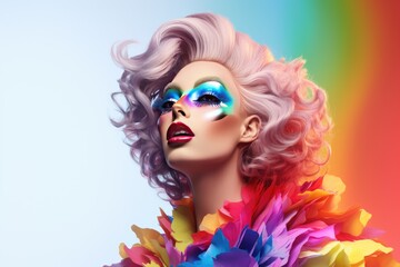 Fictional Drag Queen: Man dressed up as a woman on vibrantly coloured background, performance art, fictional person