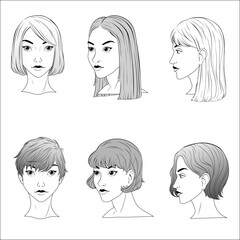 Set of hairstyles in three different angles.  Different view front, profile, three-quarter of a girl face.