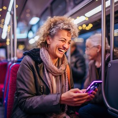 woman using the smartphone in the metro, generative ai