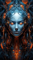 sci fi female head, symmetry patterns, in the style of detailed and intricate compositions, dark cyan and orange, crystalcore, neo-academism, generative ai