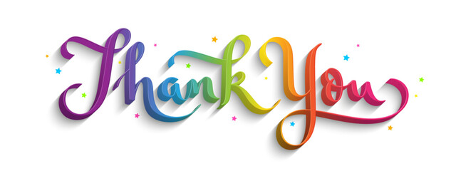 THANK YOU rainbow-colored 3D brush calligraphy banner with flourishes on white background