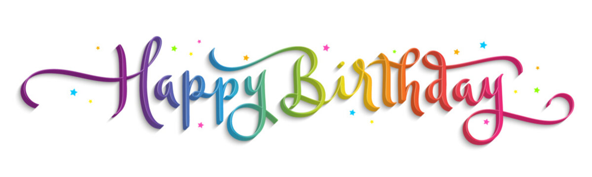 HAPPY BIRTHDAY rainbow colored vector brush calligraphy banner with tiny stars