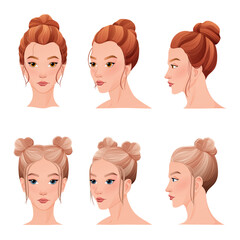 Set of hairstyles in three different angles.  Different view front, profile, three-quarter of a girl face.
