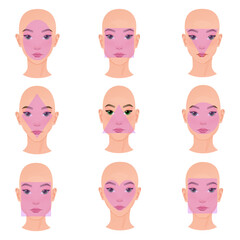 Set of different types woman face. Oval, square, round, triangle shapes. Various shapes. Beautiful women. For makeup, glasses and fashion style. Vector line sketch front portrait