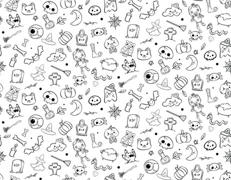 Festive Halloween Doodle Pattern. Cute and Fun Elements on Isolated Background