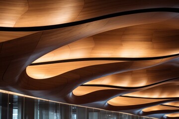 A vibrant amber glow illuminates an abstract and symmetrical art piece composed of a curved glass wall and illuminated ceiling, creating an entrancing and unique indoor building experience - Powered by Adobe
