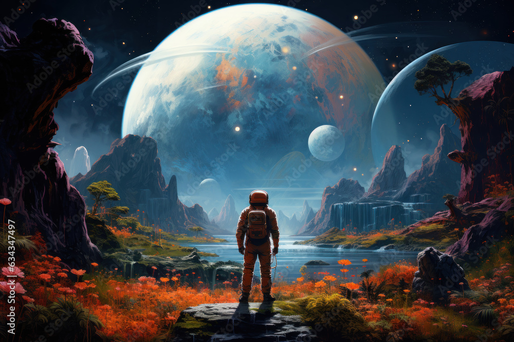 Poster astronaut exploring exotic alien planet with multiple moons