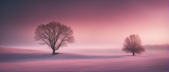 Obraz na płótnie Canvas Winter wallpaper. Two trees standing alone on a snowy field against a pink frosty sunset sky. Beautiful winter nature scene.