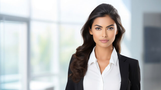 portrait of a confident smiling indian business woman on a bright abstract office background 