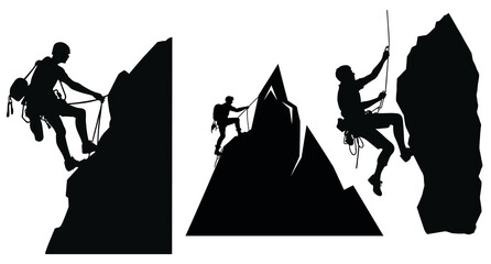 Three MVector clip art of mountain climbers climbing rocks. Black and white outdoor climbing and recreation logos.ountain Climbers