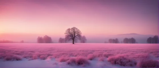 Zelfklevend Fotobehang Winter wallpaper. A tree standing alone on a snowy field against a pink frosty sunset sky. Beautiful winter nature scene. © Valeriy