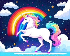 Naklejka na ściany i meble colorful illustration of an unicorn and a rainbow - generative ai