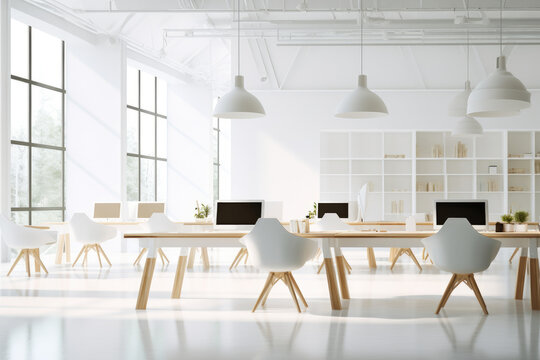 A modern office with a large desks and several chairs.