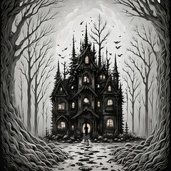 Mansion in the night illustration Autumn spooky season white and black background generated with AI