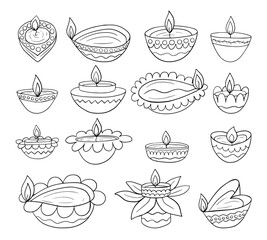 Diwali Diya sketch vector set. Hand drawn Diwali lamps with lights doodle set. Festival of lights holiday