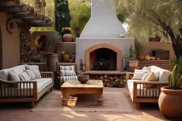 Obraz premium This cozy outdoor patio is the perfect place to relax and unwind with its stone floor, comfortable furniture, lush houseplants, and crackling fireplace