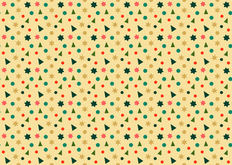 Seamless pattern with geometric shapes in different colors. Stars, circles, triangles on a light background. Christmas design.