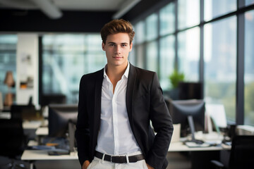 Generative ai collage of hr man standing look in camera in luxury company waiting for candidate