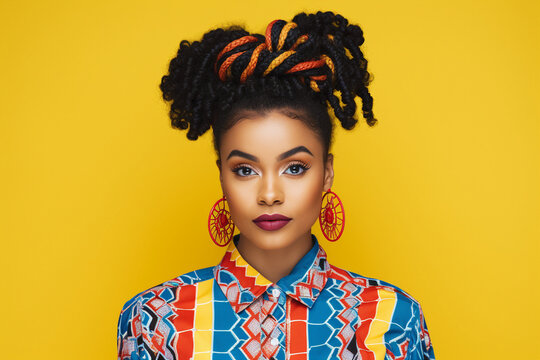 Generative ai collage photo of lady hipster in bright outfit with dreadlocks hairdo on vivid color background