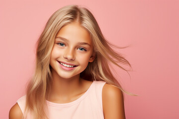 Generative AI portrait of happy pretty cute young girl isolated on pink color background blond stunning flying hairstyle