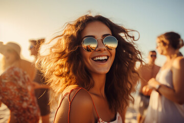 Generative ai collage image of charming lady tourist enjoying fun on summertime seashore